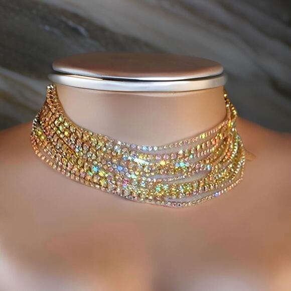 Iridescent Rhinestone Gold Multi-Strand Choker Necklace Sparkling‎ Statement - Picture 1 of 3